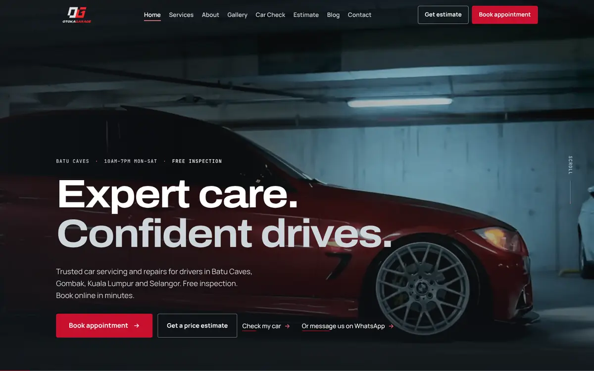 The Otoka Garage website, built by Clicklahh, on a desktop screen